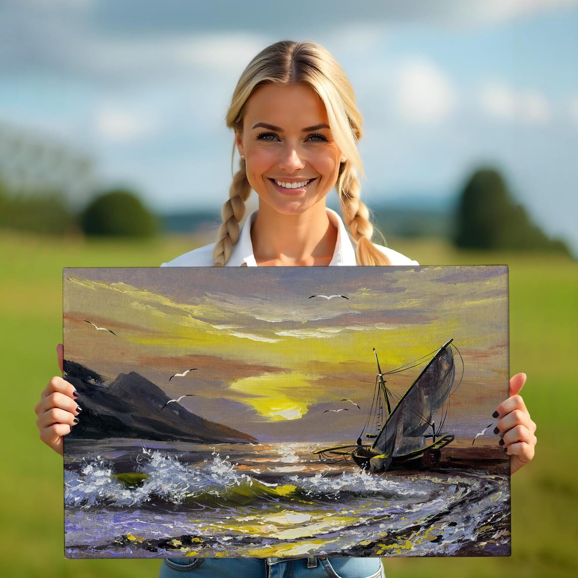 Sailboat Beached at Golden Sunset Waves Seagulls Seascape Art Poster - Image 5