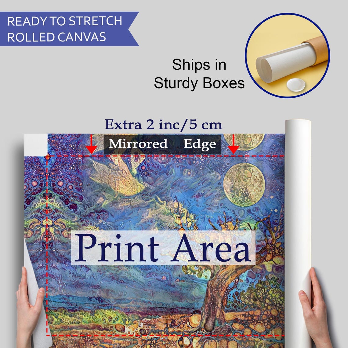 Magical Old Tree Full Moon Night Blue Gold Fluid Art Wall Poster - Image 4