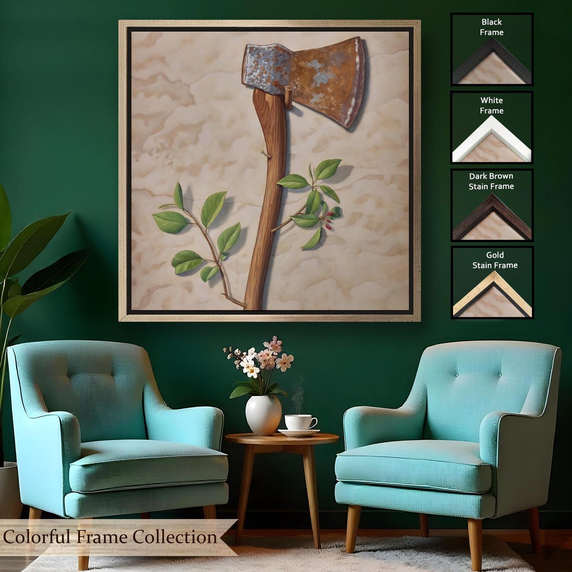 Rustic Axe with Sprouting Green Branch Renewal Surreal Art Poster - Image 2