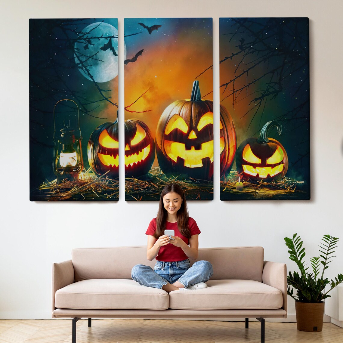 Halloween Moonlit Jack O Lantern Trio Gas Lantern Bats Spooky Night Poster - Image 2