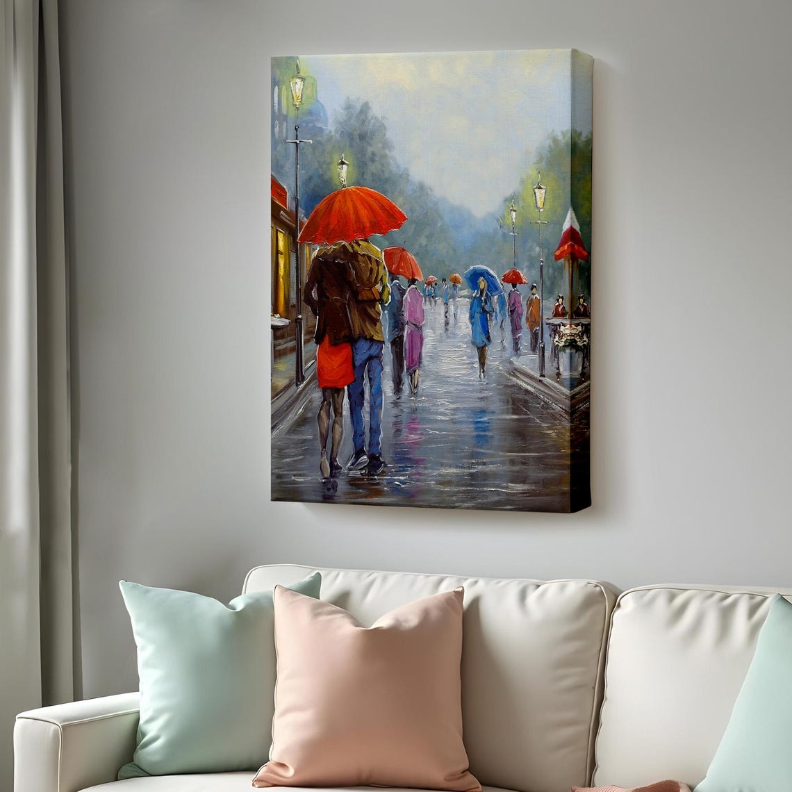 Romantic Couple Under Red Umbrella Rainy Paris Street Painting Poster