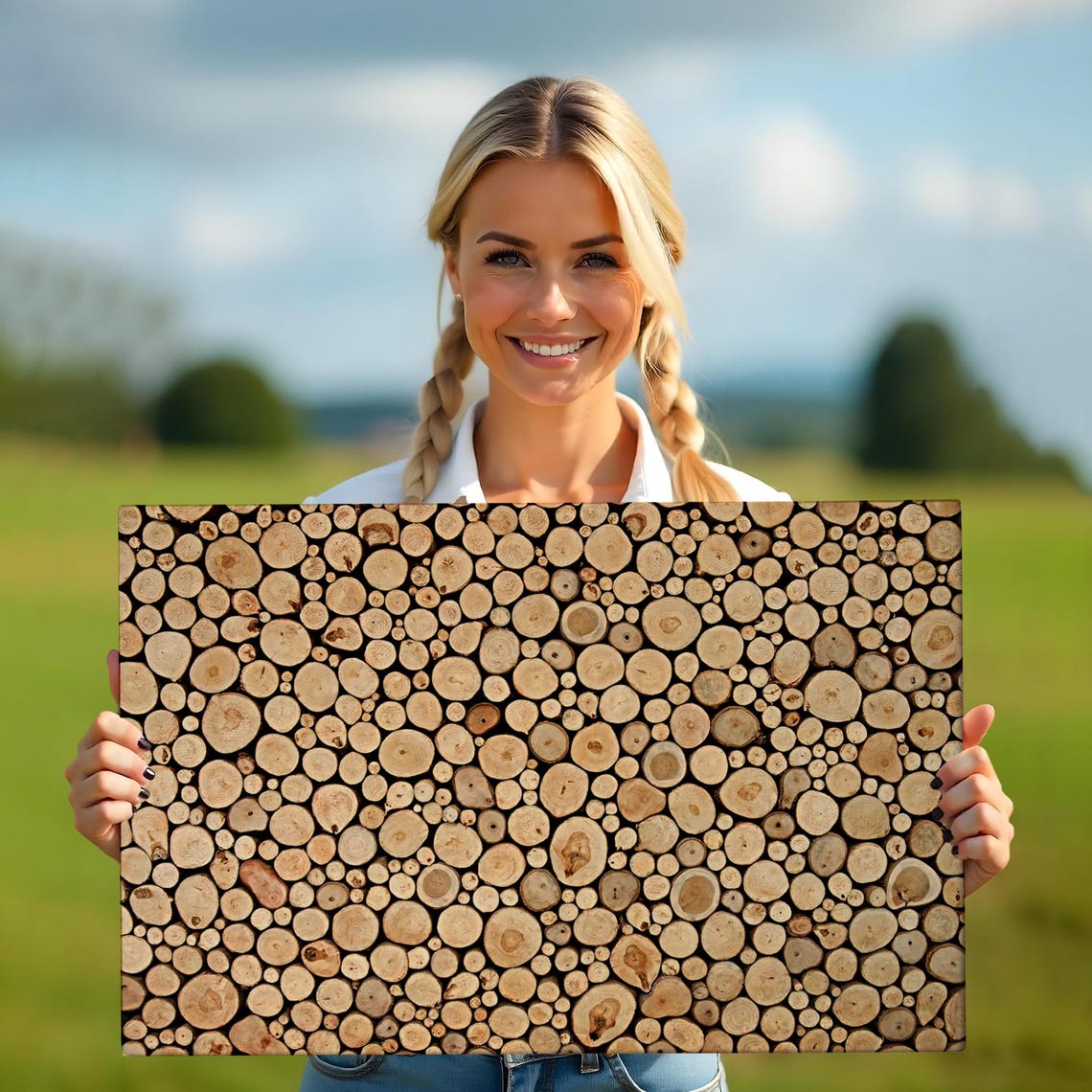 Stacked Wood Log Cross Sections Natural Timber Pattern Rustic Wall Art - Image 5