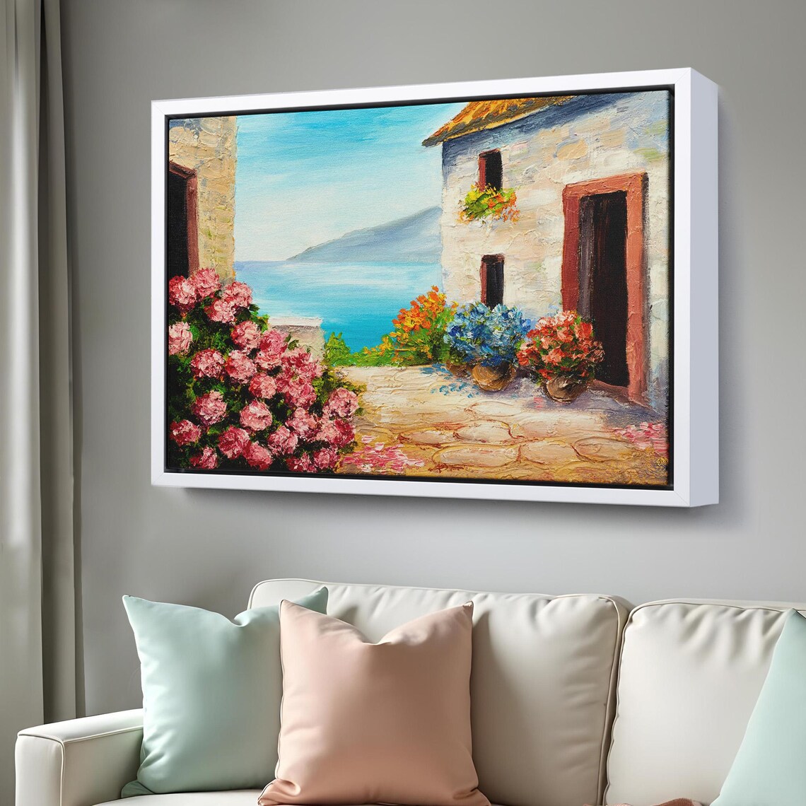 Mediterranean Seaside House Terrace Flowers Ocean View Painting Poster - Image 3