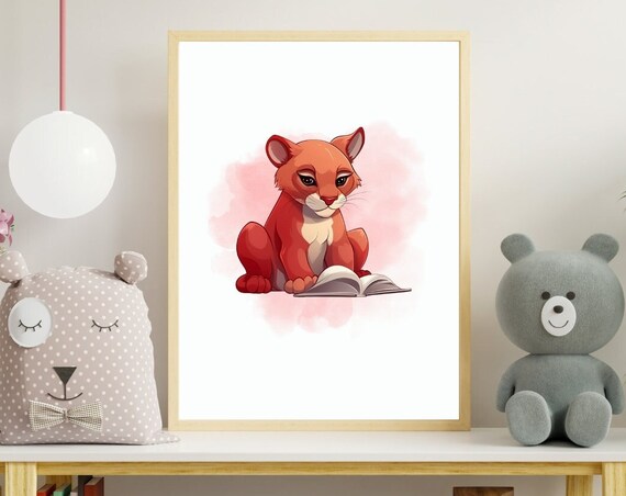 Cute Baby Puma Cub Reading Open Book Kids Room Nursery Poster