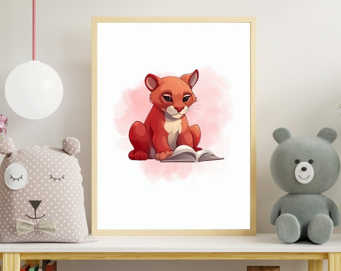 Cute Baby Puma Cub Reading Open Book Kids Room Nursery Poster