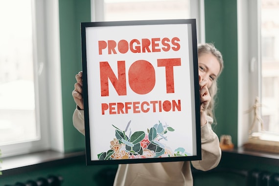 Progress Not Perfection Motivational Quote Floral Typography Wall Poster