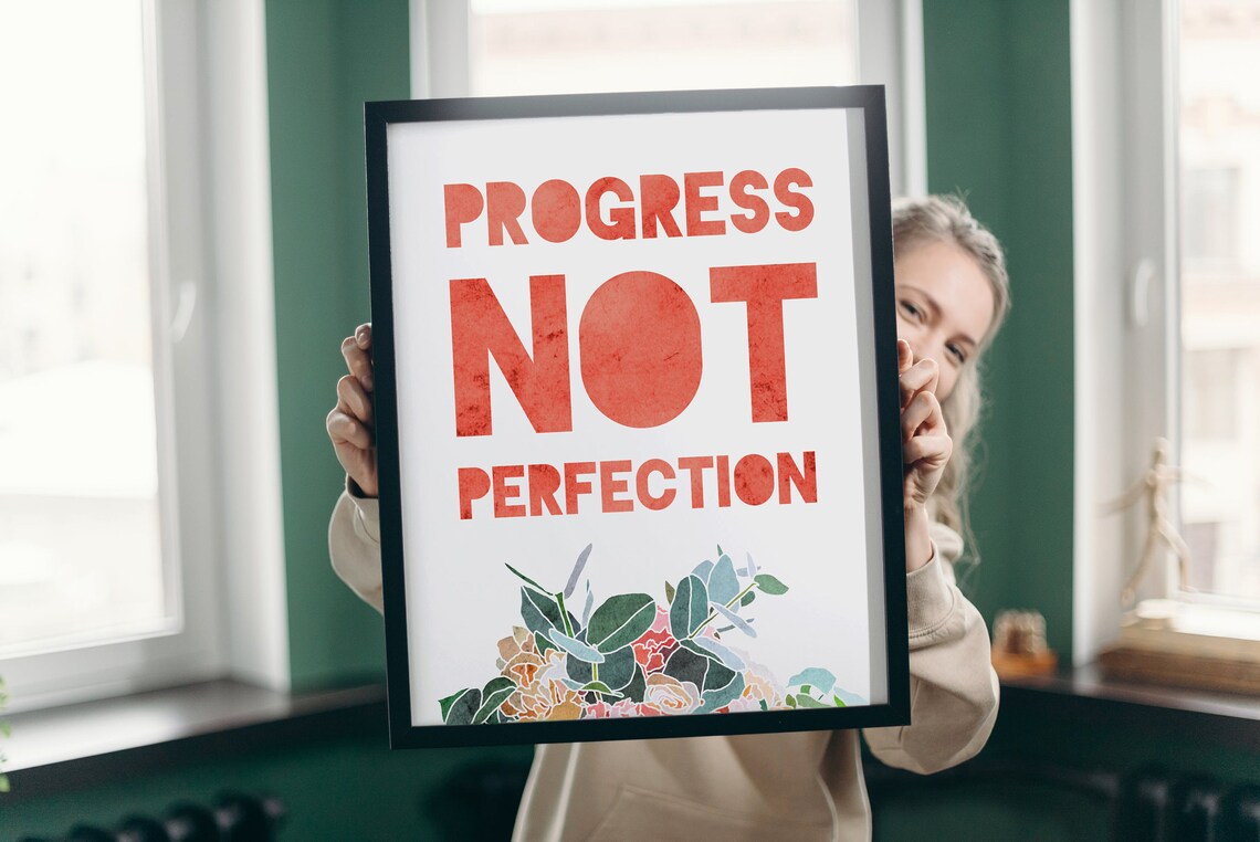 Progress Not Perfection Motivational Quote Floral Typography Wall Poster