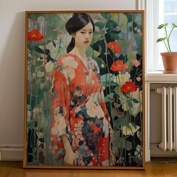 Asian Portrait Poster Red Floral Kimono Woman Art Print Illustration For Elegant Decor Vintage Botanical Drawing