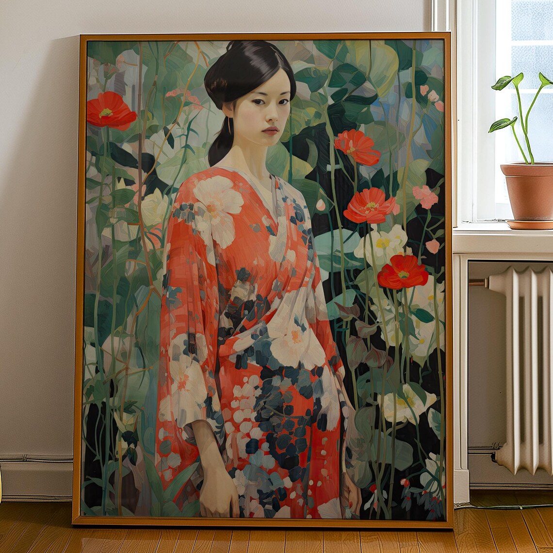 Asian Woman in Red Floral Kimono Painterly Portrait Art Poster