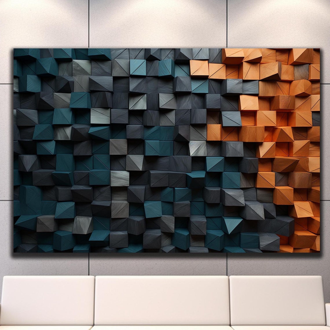 Dark Teal Graphite Orange Faceted 3D Cube Blocks Modern Wall Art
