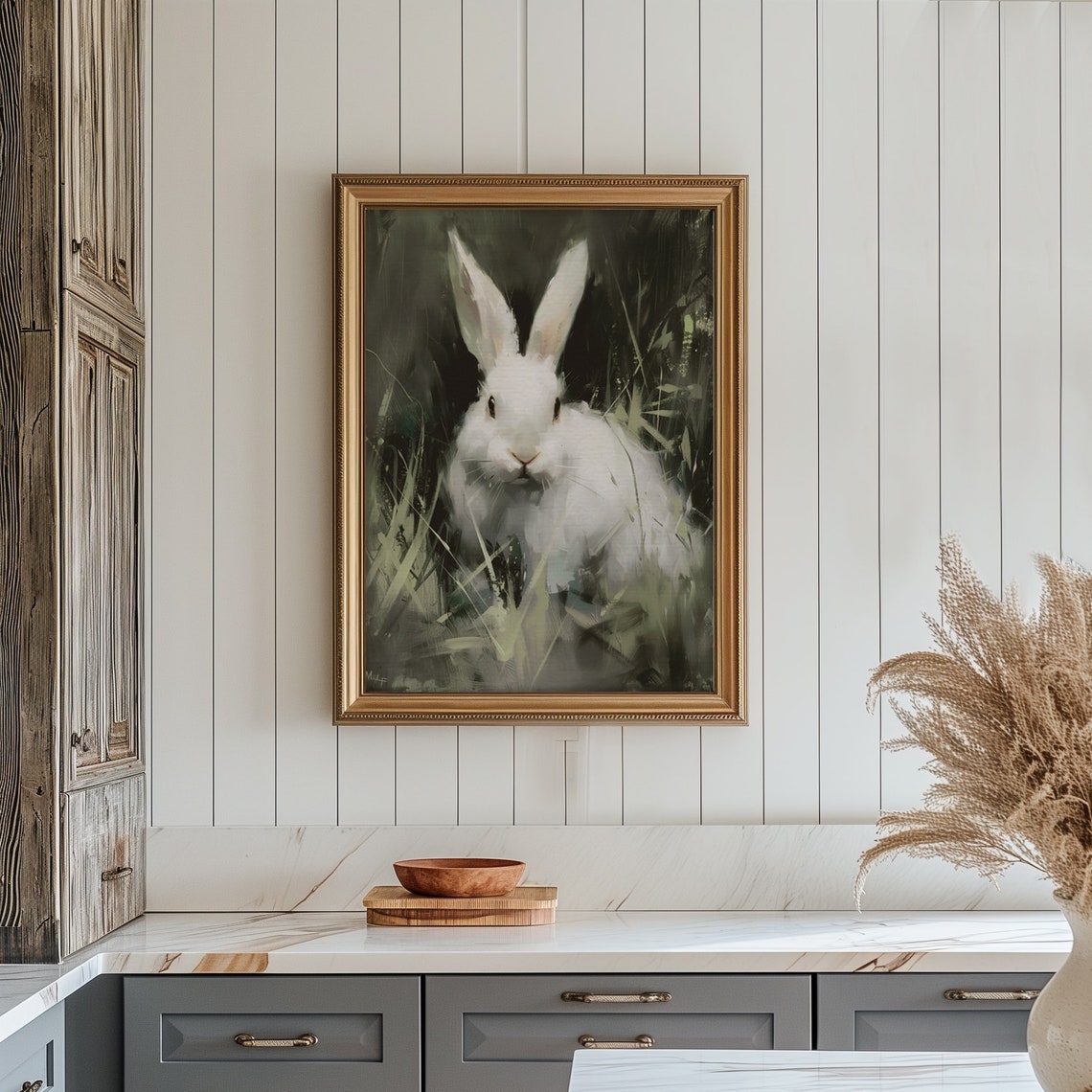 Vintage White Rabbit Painting Poster Cute Easter Bunny Portrait Art - Image 7