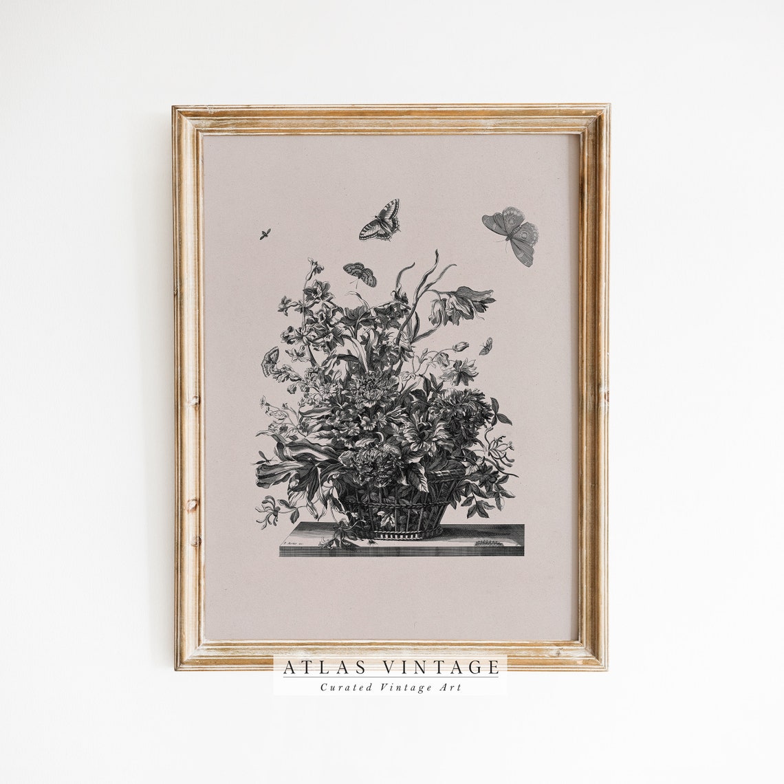 Black and White Flower Basket Botanical Engraving Vintage Poster