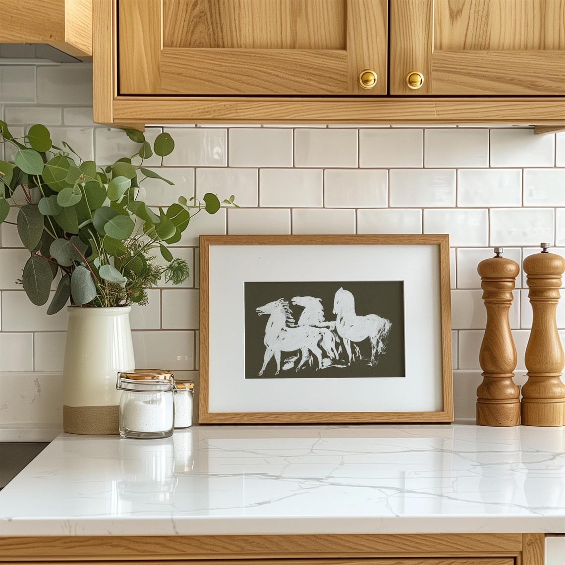 Three White Horses Sketch on Dark Olive Equestrian Vintage Wall Art - Image 4