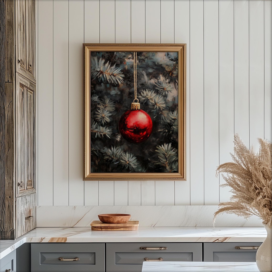 Red Christmas Bauble on Snowy Pine Vintage Oil Painting Poster - Image 4