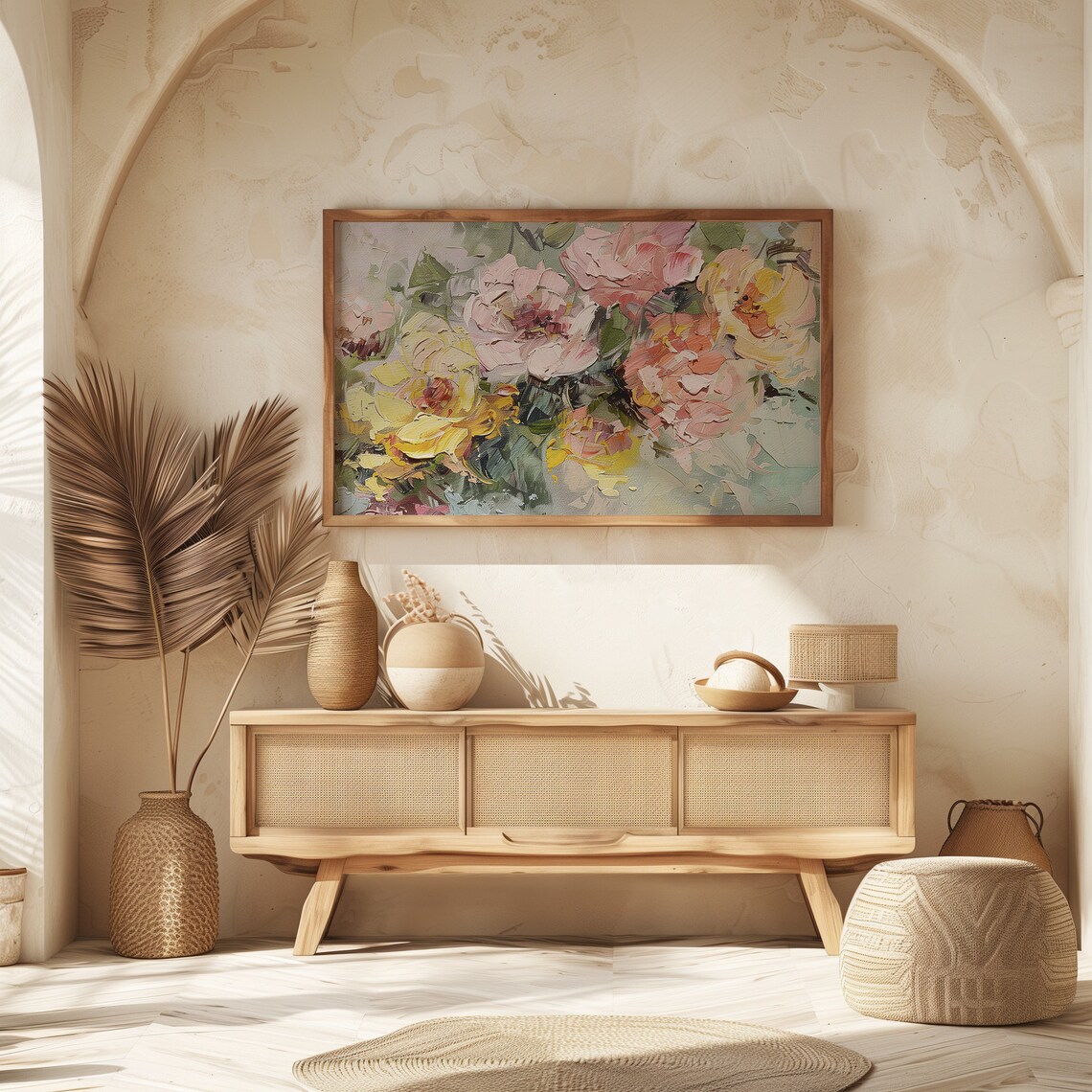 Colorful Pink and Yellow Peonies Impasto Floral Painting Poster - Image 6