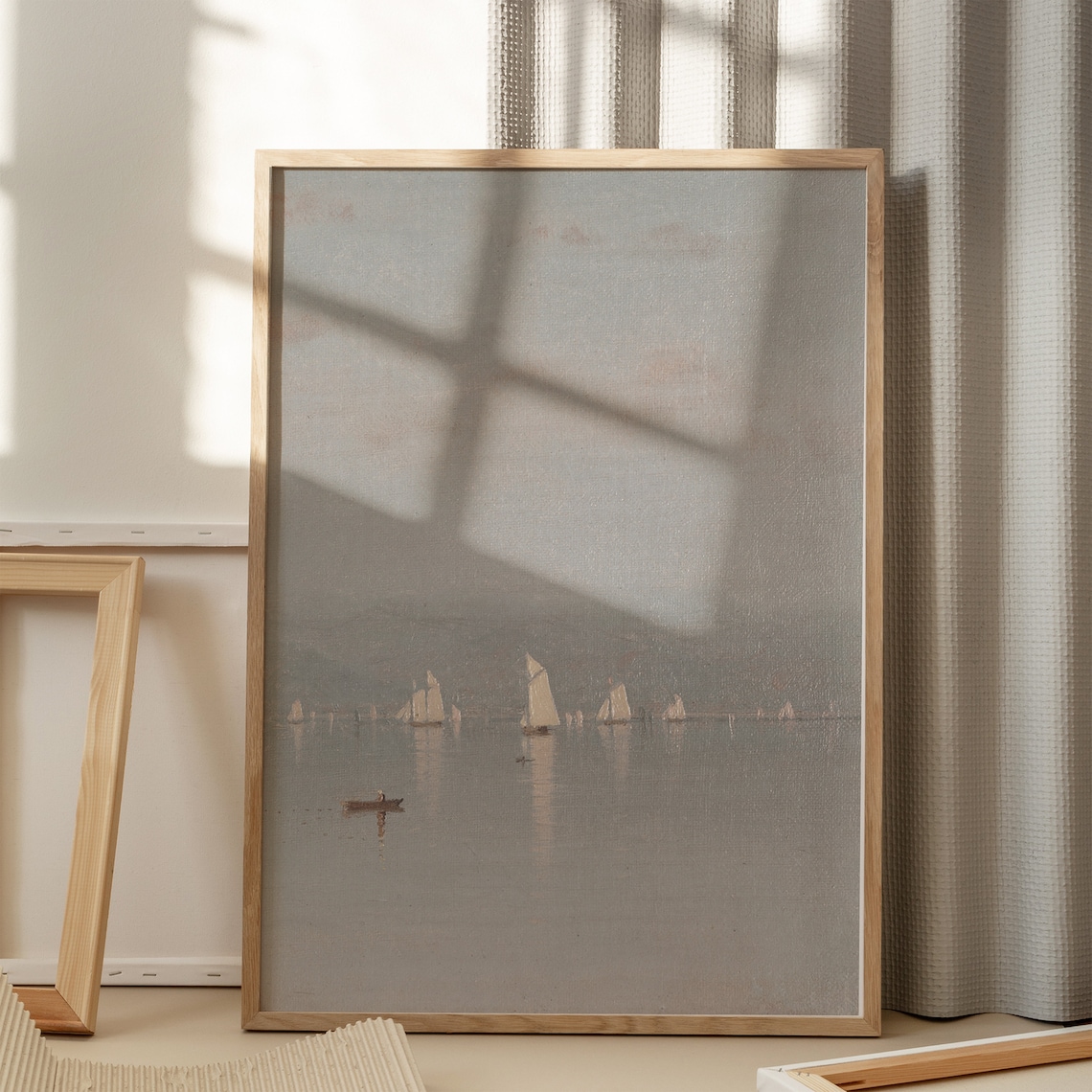 Misty Sailboat Seascape Vintage Lake Hazy Gray Boats Calm Water Poster - Image 7