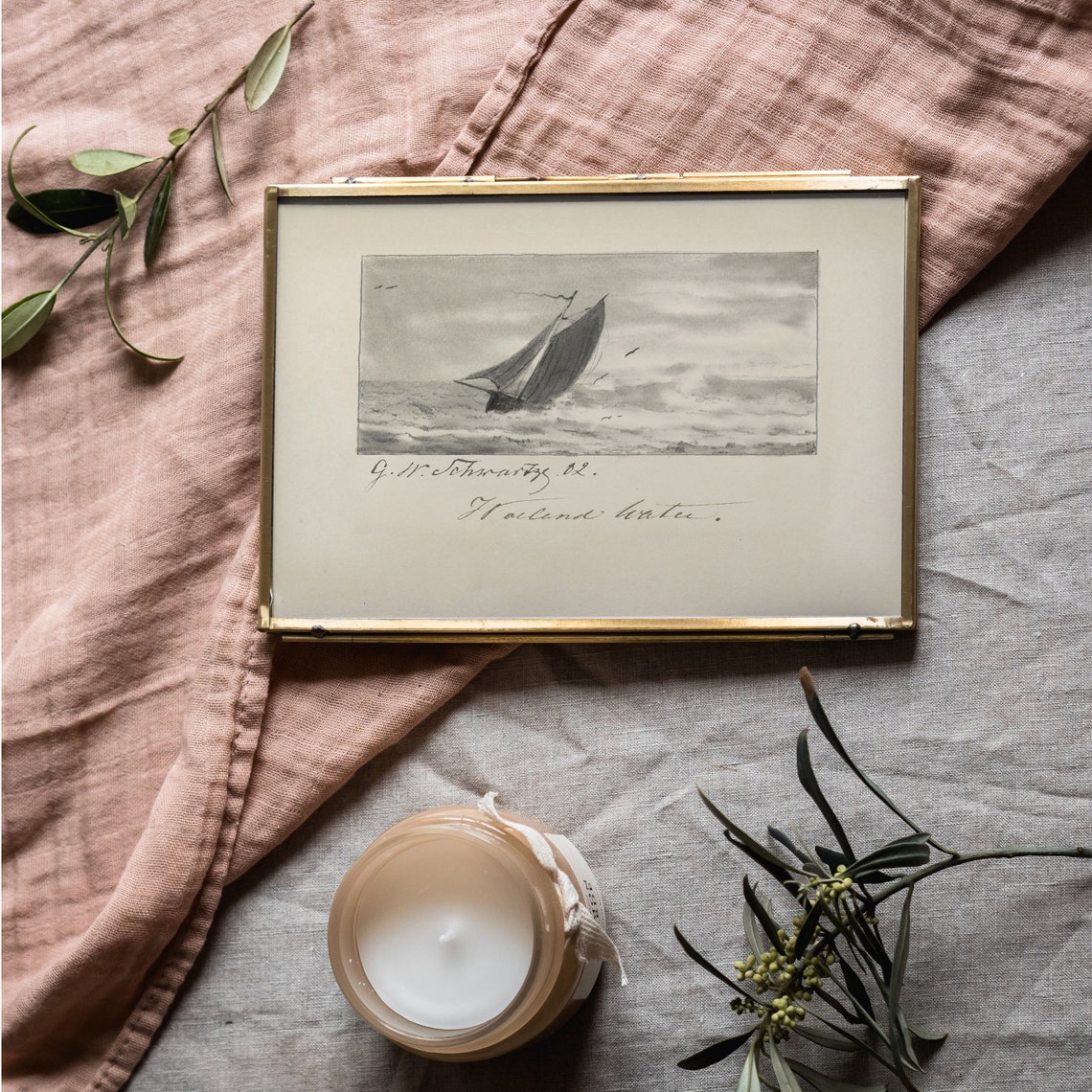 Antique Hand Signed Sailboat Sketch on a Stormy Sea Art Poster - Image 2