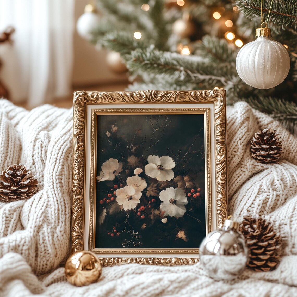 Dark Moody Winter Flower Painting Poster Vintage Christmas Floral - Image 6