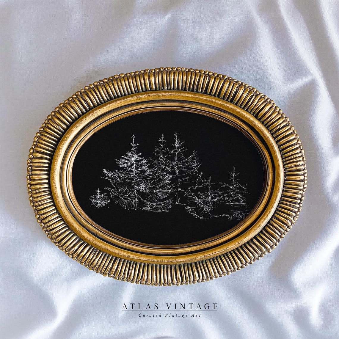 White Pine Trees Line Drawing on Black Minimalist Forest Poster - Image 2