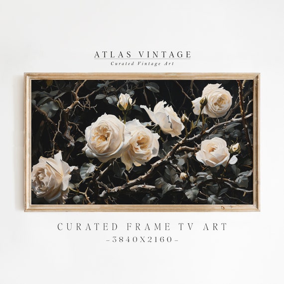 Beige Roses Flowers Frame Tv Art Vintage Valentines Day Floral Oil Painting Spring Flower Botanical Tv Art Dark Moody Neutral Wall Dcor