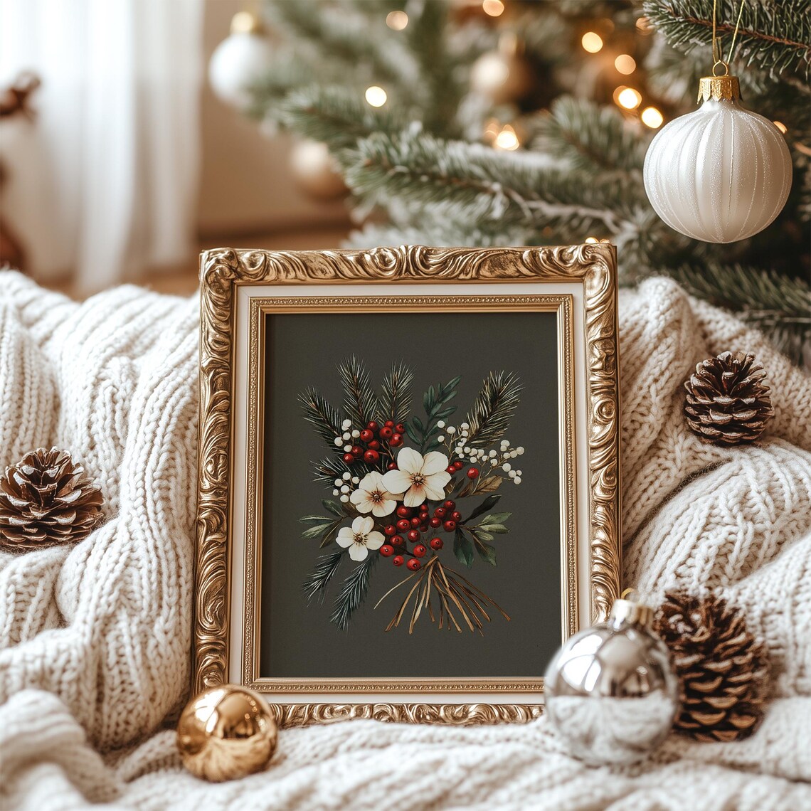 Winter Pine and Red Berry Bouquet Vintage Christmas Floral Poster - Image 7
