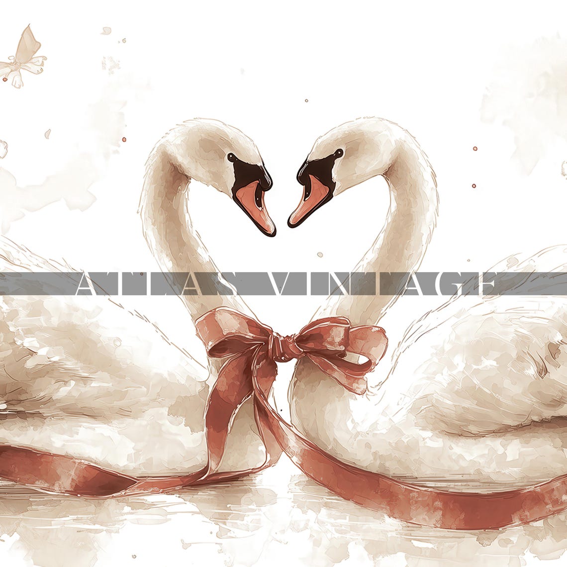 Two White Swans Forming a Heart Red Ribbon Valentines Day Print Art - Image 4