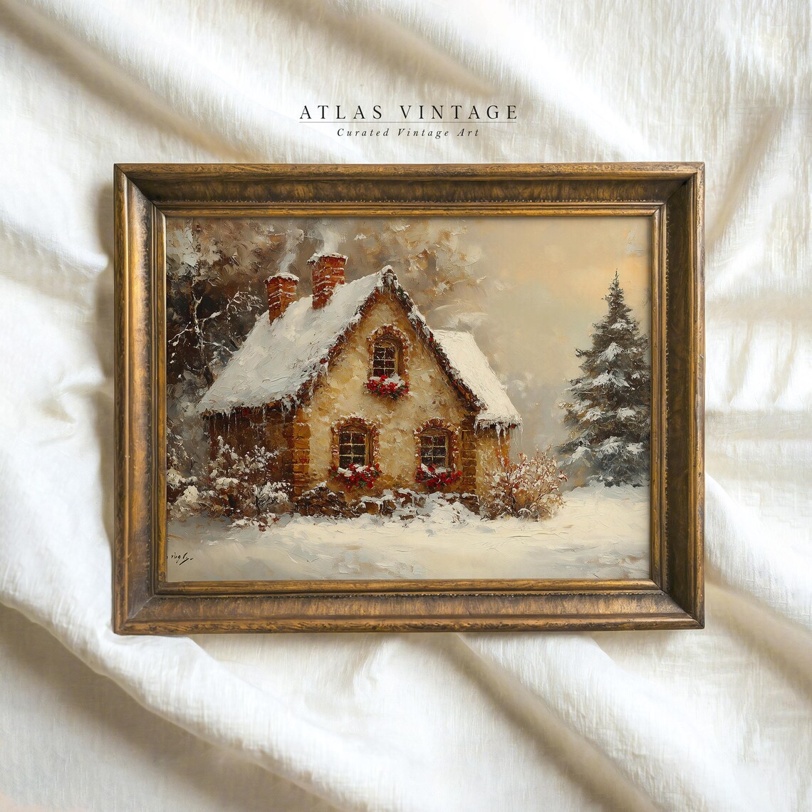 Vintage Christmas Cabin Snowy Cottage Winter Night Oil Painting Poster