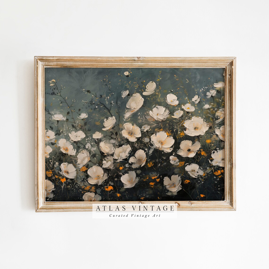 Dark Navy Botanical Wildflower White Meadow Floral Oil Painting Poster