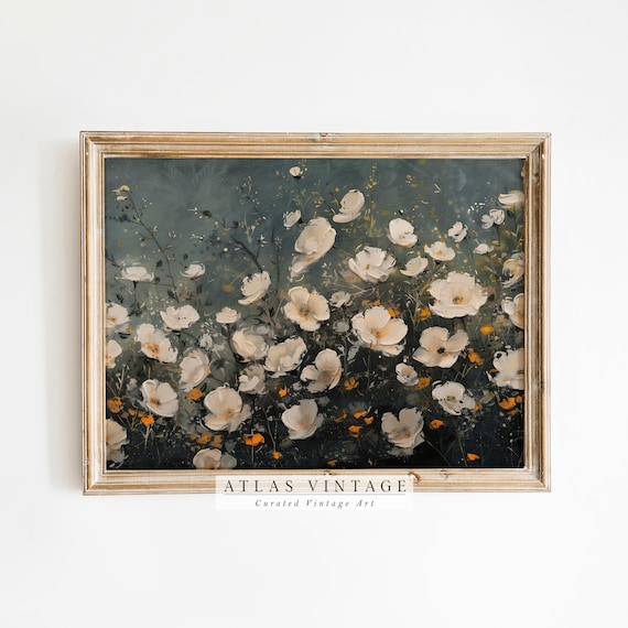 Dark Navy Botanical Wildflower White Meadow Floral Oil Painting Poster
