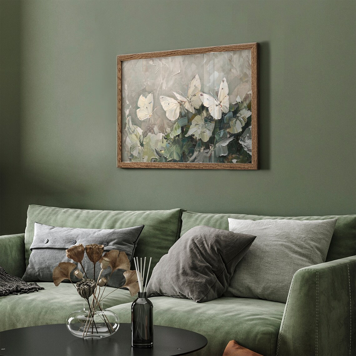 White Butterflies Over Sage Green Foliage Vintage Nature Poster - Image 2