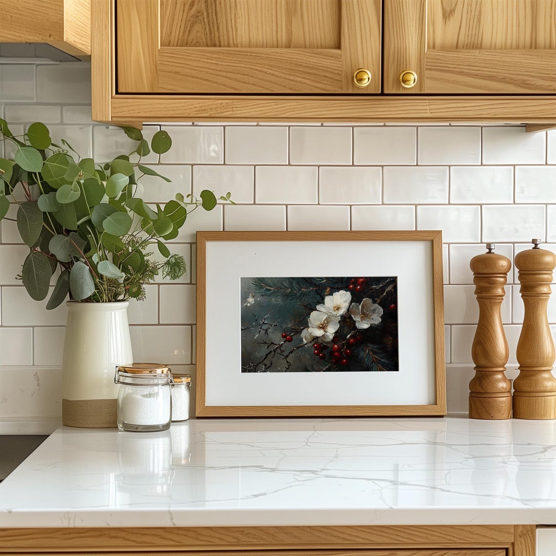 White Winter Blossoms With Red Berries On Dark Pine Boughs Poster - Image 3