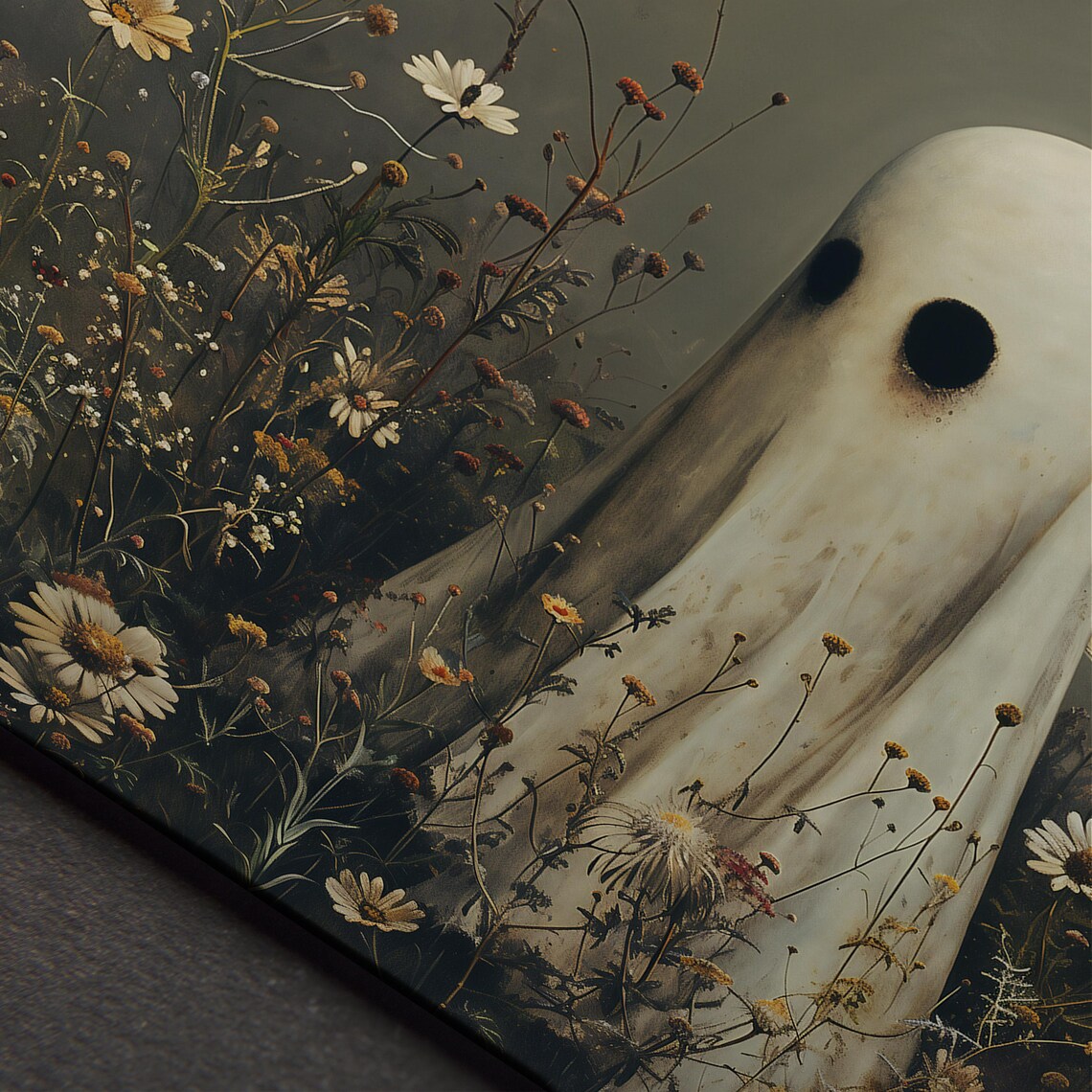 Cute Ghost in Wildflower Meadow With Daisies Vintage Halloween Art Poster - Image 7