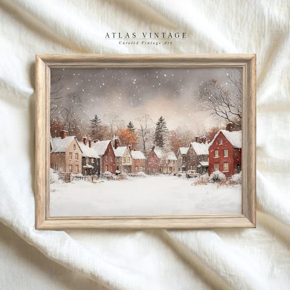 Vintage Snowy Village Print Rustic Winter Holiday Decor Farmhouse Wall Art Moody Christmas Village Painting Prints
