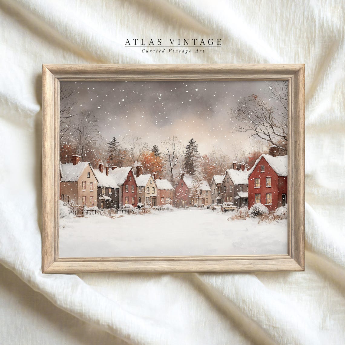 Snowy Colonial Village Street Falling Snow Winter Landscape Poster