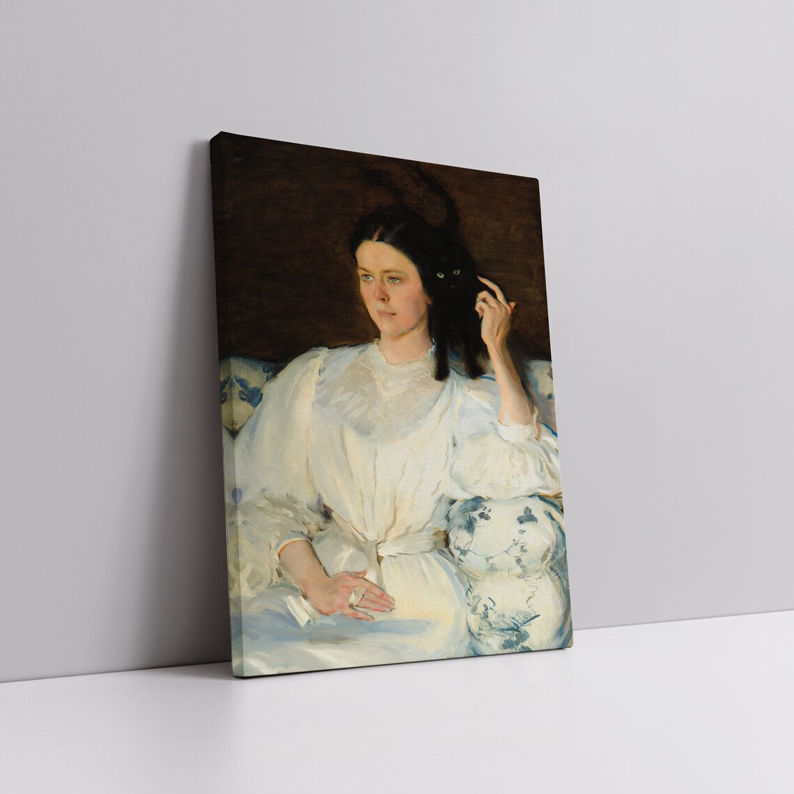 Vintage Portrait of Woman in White Dress with Black Cat Poster - Image 6