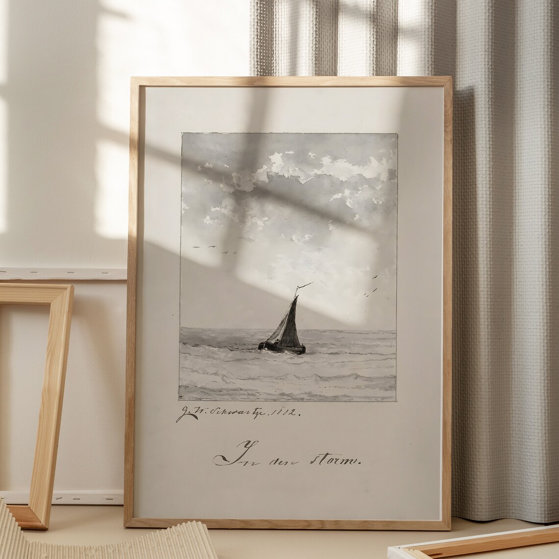 Antique Sailboat Sketch In Den Sturm Vintage Gray Wash Maritime Poster - Image 7