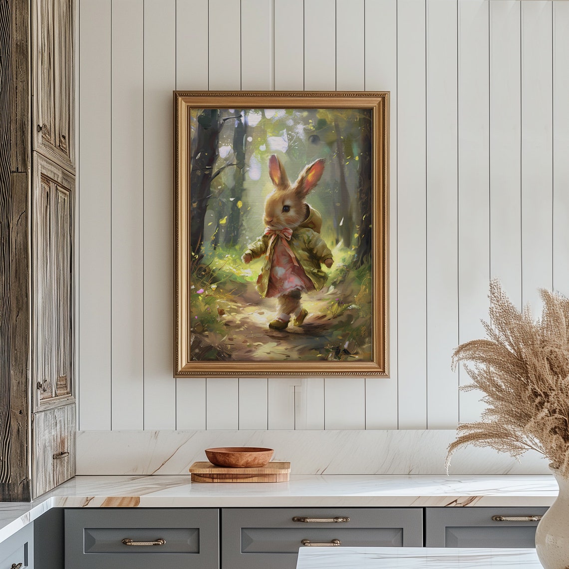 Cute Hiking Easter Bunny Print Vintage Spring Rabbit Wall Art Nursery Kids Room Dcor Antique Bunny Painting - Image 7