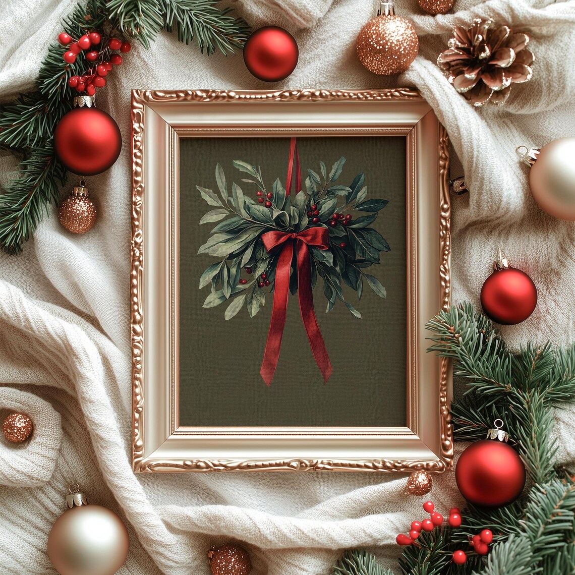 Christmas Mistletoe With Red Ribbon on Olive Green Holiday Poster - Image 6