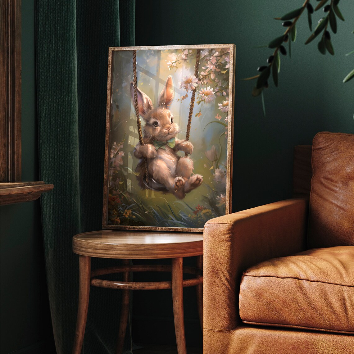 Cute Baby Bunny on a Rope Swing in a Spring Flower Garden Poster - Image 7