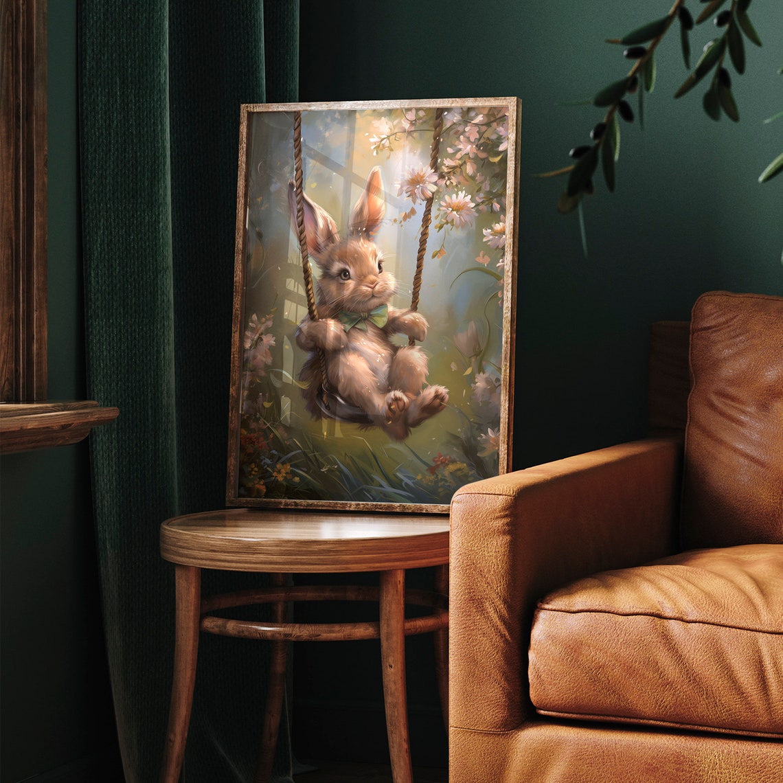 Vintage Cute Swinging Easter Bunny Print Spring Rabbit Wall Art Nursery Dcor Kids Room Dcor Antique Bunny Painting - Image 7
