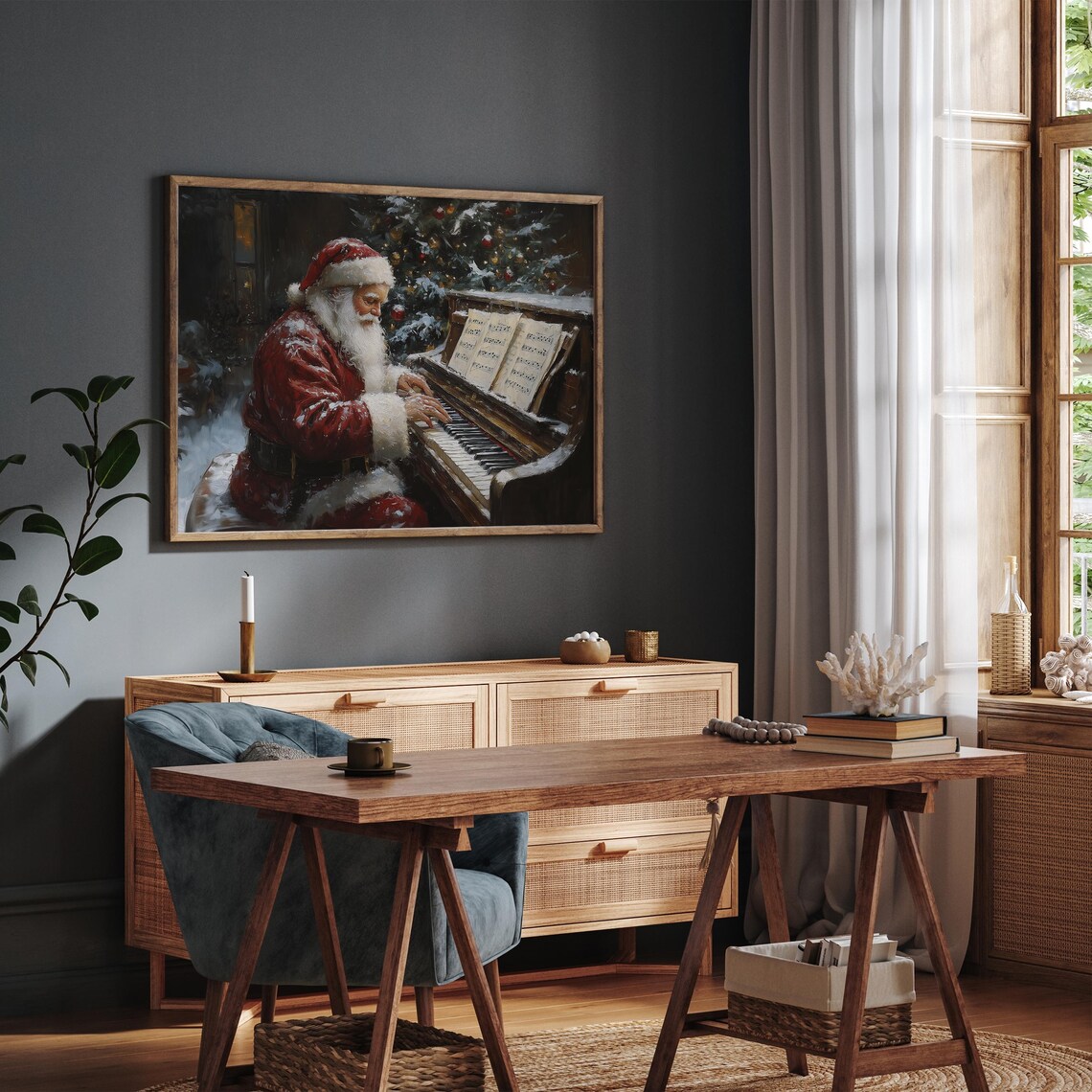 Vintage Christmas Print Santa Claus Playing Piano Oil Painting Xmas Wall Decor Winter Festive Art Holiday Music Prints - Image 5