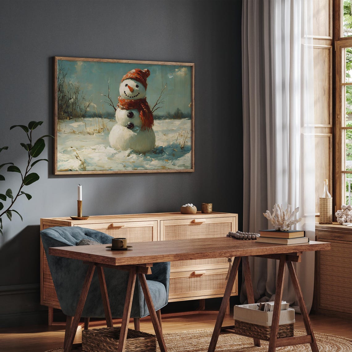 Vintage Snowman Christmas Painting Poster Cozy Winter Xmas Scene - Image 4