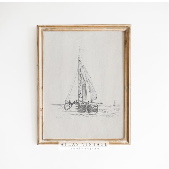 Sailboat Sketch Vintage Nautical Drawing Coastal Nursery Wall Art