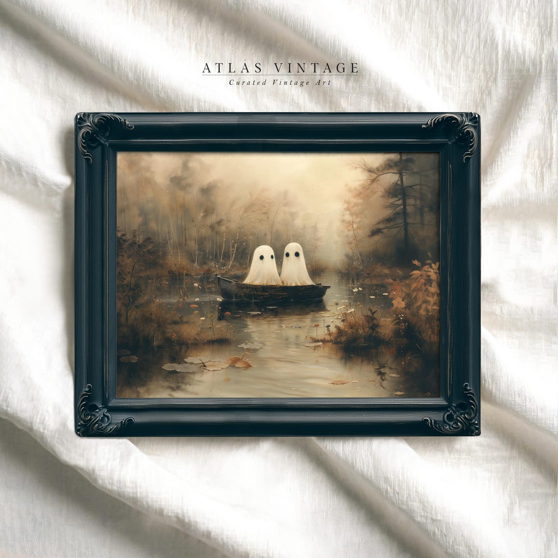 Two Cute Ghosts in a Boat on Misty Lake Halloween Painting Poster - Image 7
