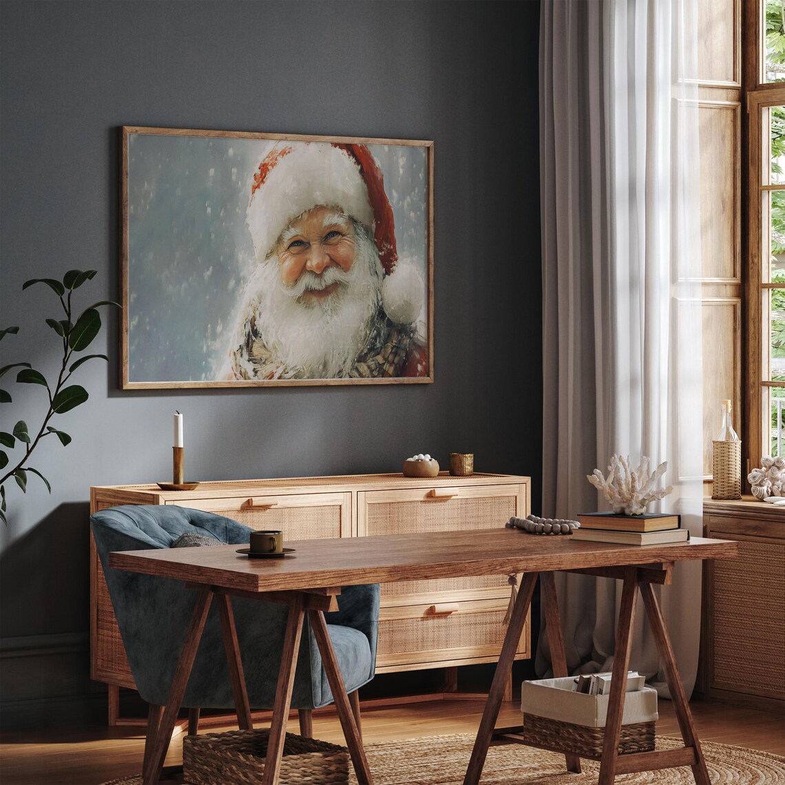 Santa Claus Smiling Portrait in Falling Snow Vintage Christmas Poster - Image 3