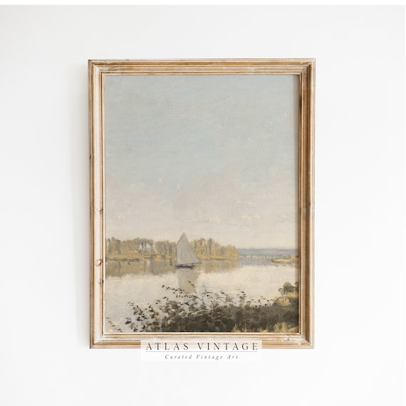 Vintage Sailboat on Calm Lake Antique Sailing Boat Seascape Art Poster