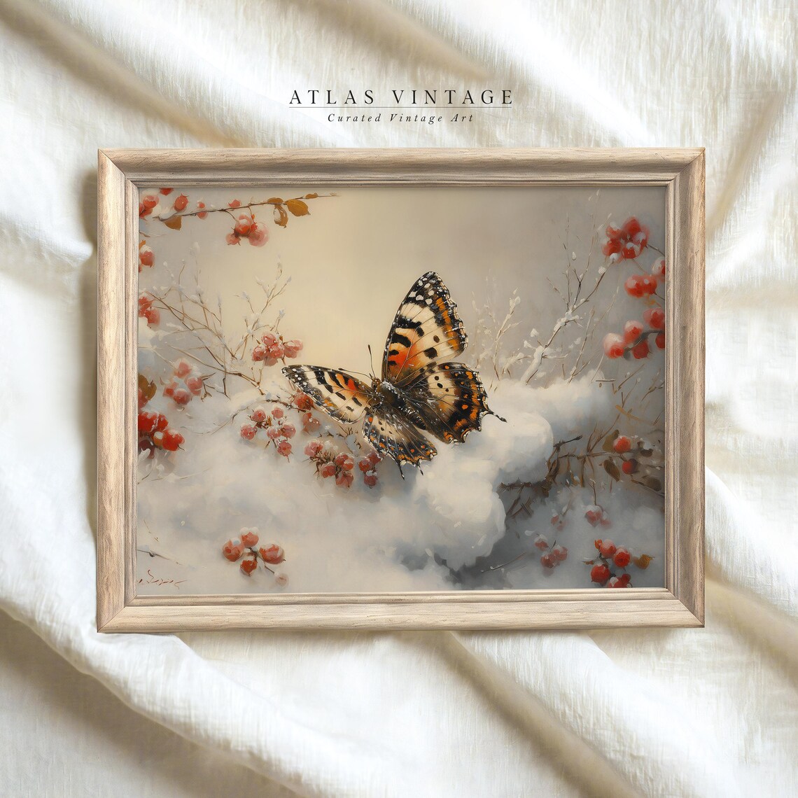 Painted Lady Butterfly on Snowy Red Berry Branches Winter Poster
