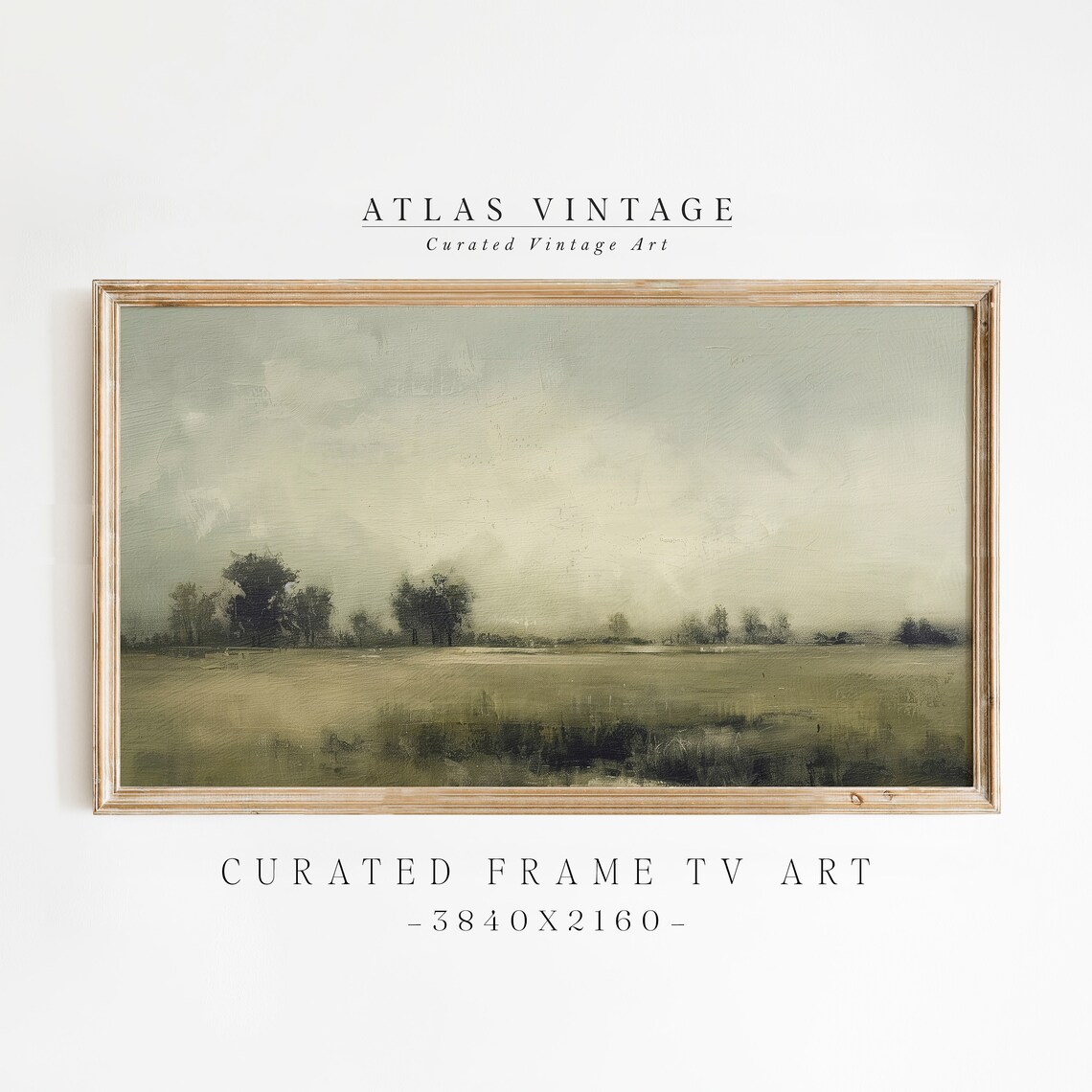 Hazy Field Scattered Trees Soft Neutral Landscape Painting Frame TV Wall Art