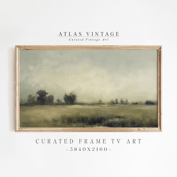 Hazy Field Scattered Trees Soft Neutral Landscape Painting Frame TV Wall Art