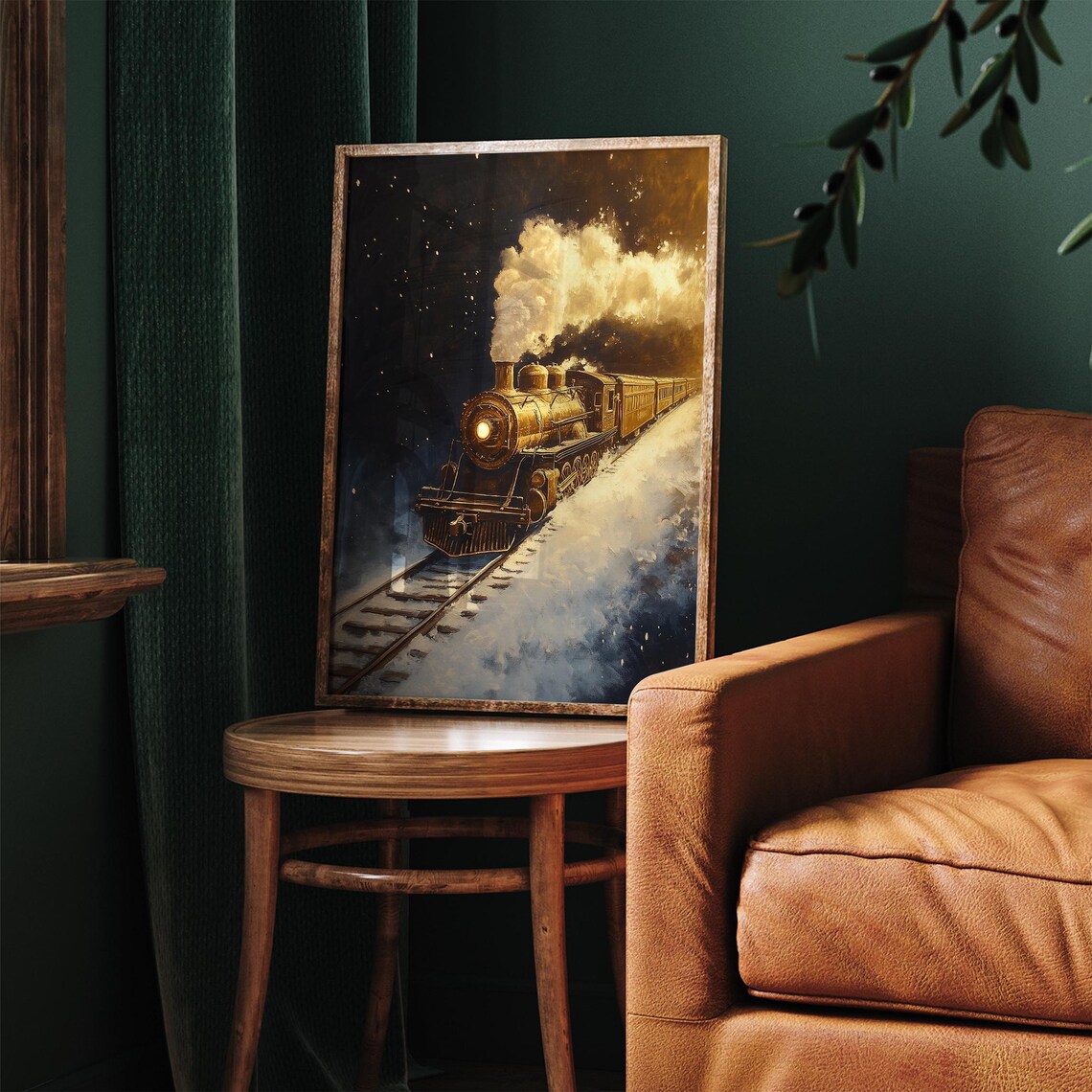 Vintage Golden Steam Train Night Poster Snowy Winter Railway Scene - Image 2